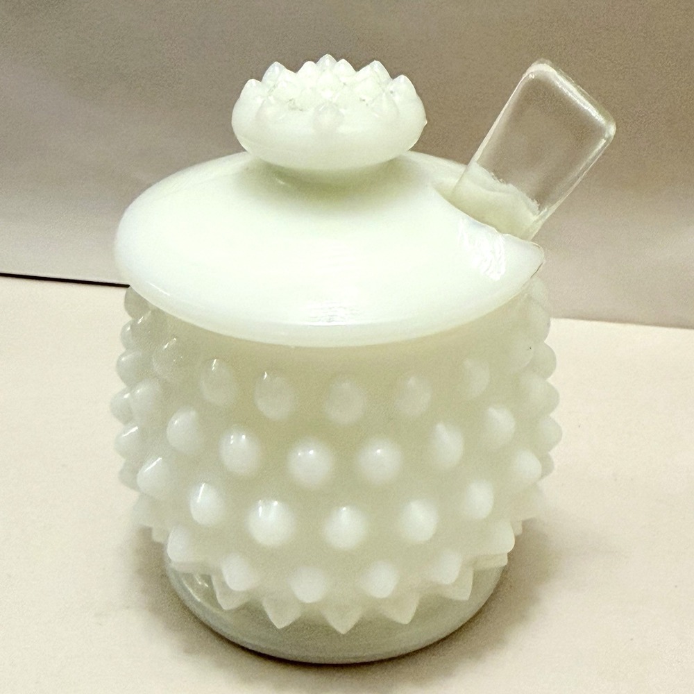 VTG Fenton Condiment Pot Lid Spoon Hobnail Milk Glass Jar Honey Cottage 3.5"